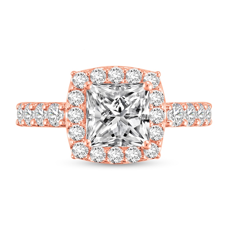 2-1/2 CT. T.W. Princess Certified Lab-Created Diamond Cushion Frame Engagement Ring in 14K Rose Gold (F/VS2)