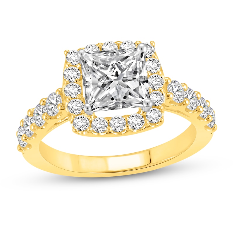 Main Image 1 of 2-1/2 CT. T.W. Princess Certified Lab-Grown Diamond Cushion Frame Engagement Ring in 14K Gold (F/VS2)