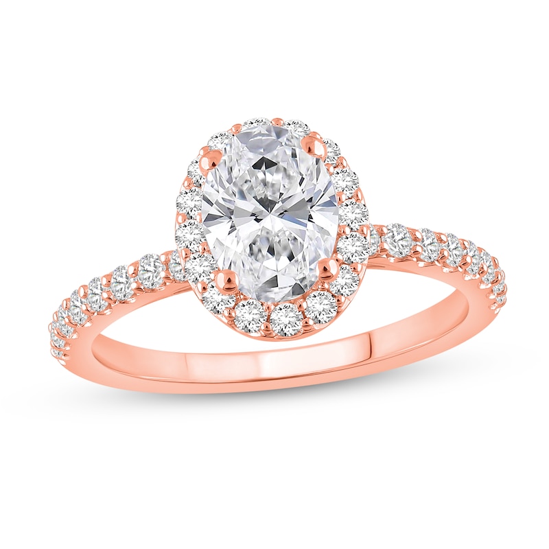 Main Image 1 of 1-1/2 CT. T.W. Oval Certified Lab-Grown Diamond Frame Engagement Ring in 14K Rose Gold (F/VS2)