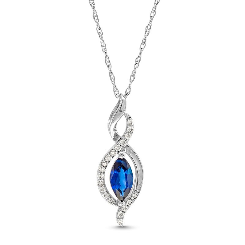 Main Image 1 of Marquise Blue Sapphire and 1/20 CT. T.W. Diamond Infinity Flame Pendant in 10K White Gold