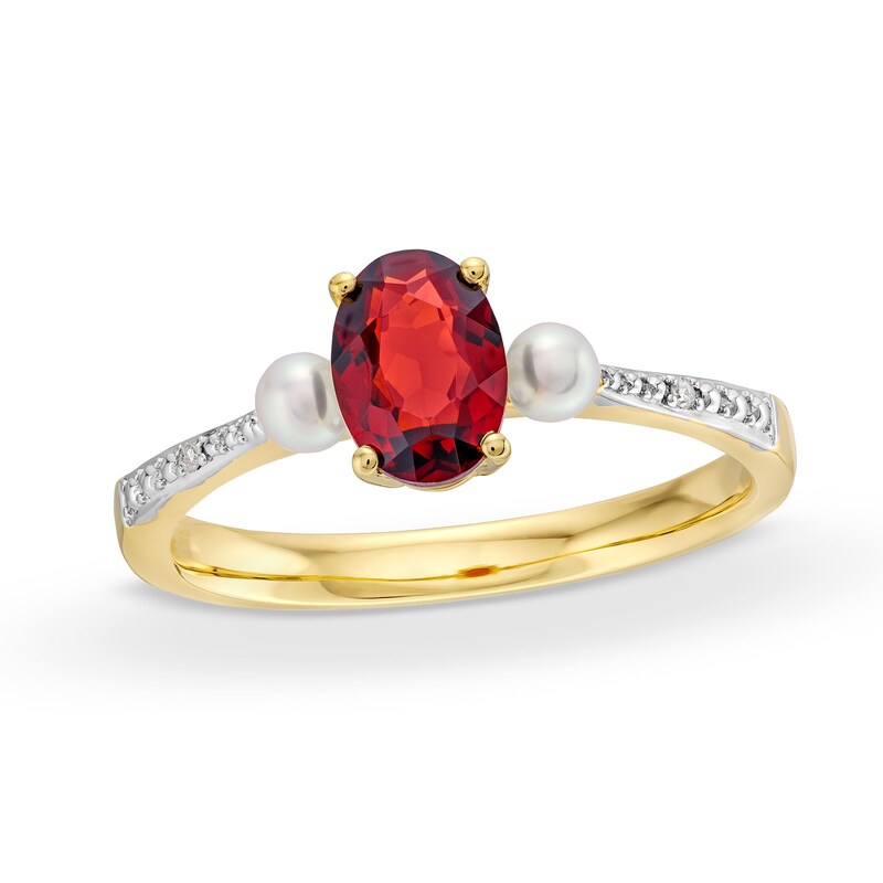 Main Image 1 of Oval Garnet, Freshwater Cultured Pearl and Diamond Accent Three Stone Ring in 10K Gold