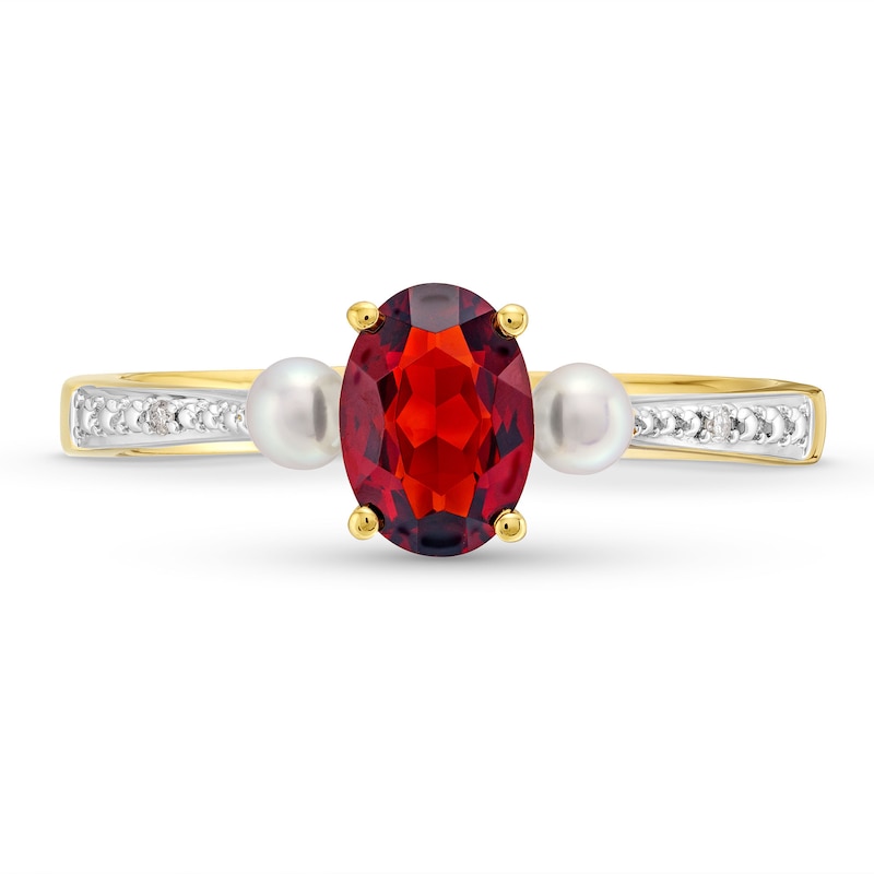 Main Image 4 of Oval Garnet, Freshwater Cultured Pearl and Diamond Accent Three Stone Ring in 10K Gold
