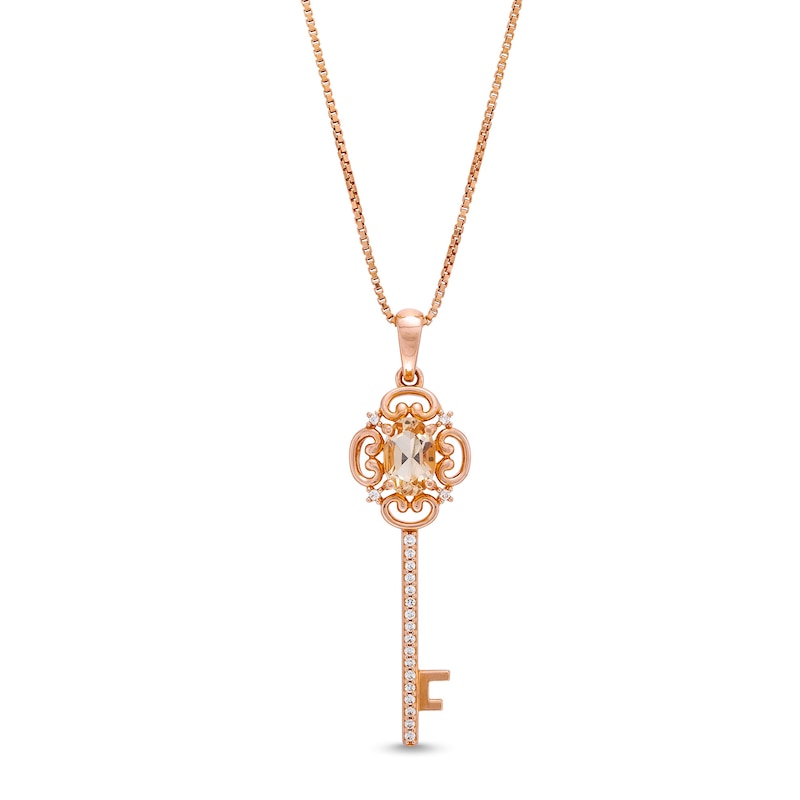 Main Image 1 of Oval Morganite and White Lab-Created Sapphire Scroll-Top Key Pendant in Sterling Silver with 14K Rose Gold Plate