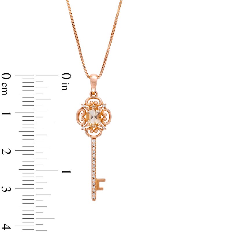 Main Image 3 of Oval Morganite and White Lab-Created Sapphire Scroll-Top Key Pendant in Sterling Silver with 14K Rose Gold Plate