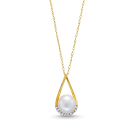 7.0-7.5mm Cultured Freshwater Pearl and 1/20 CT. T.W. Diamond Teardrop Open Frame Pendant in 10K Gold