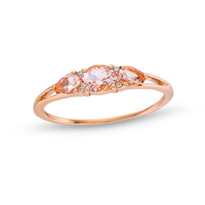 Main Image 1 of Oval and Pear-Shaped Morganite with Diamond Accent Three Stone Ring in 10K Rose Gold