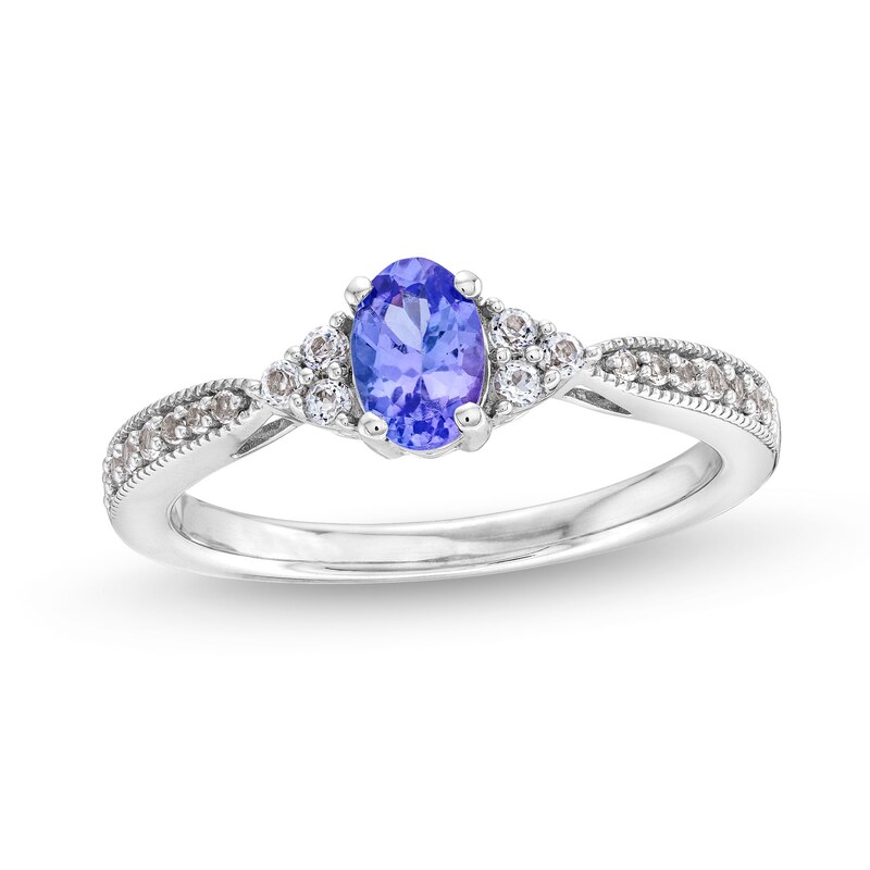 Main Image 1 of Oval Tanzanite and White Lab-Created Sapphire Tri-Sides Vintage-Style Ring in Sterling Silver