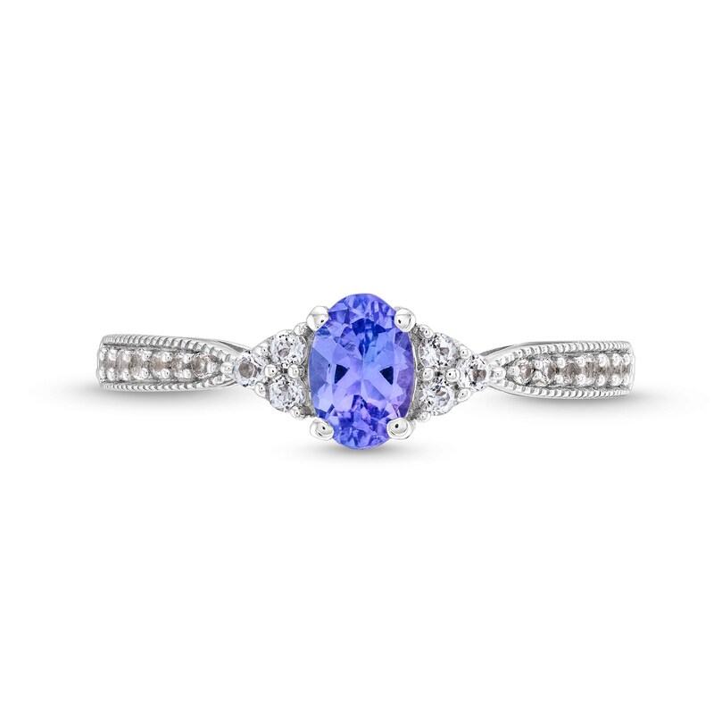 Oval Tanzanite and White Lab-Created Sapphire Tri-Sides Vintage-Style Ring in Sterling Silver