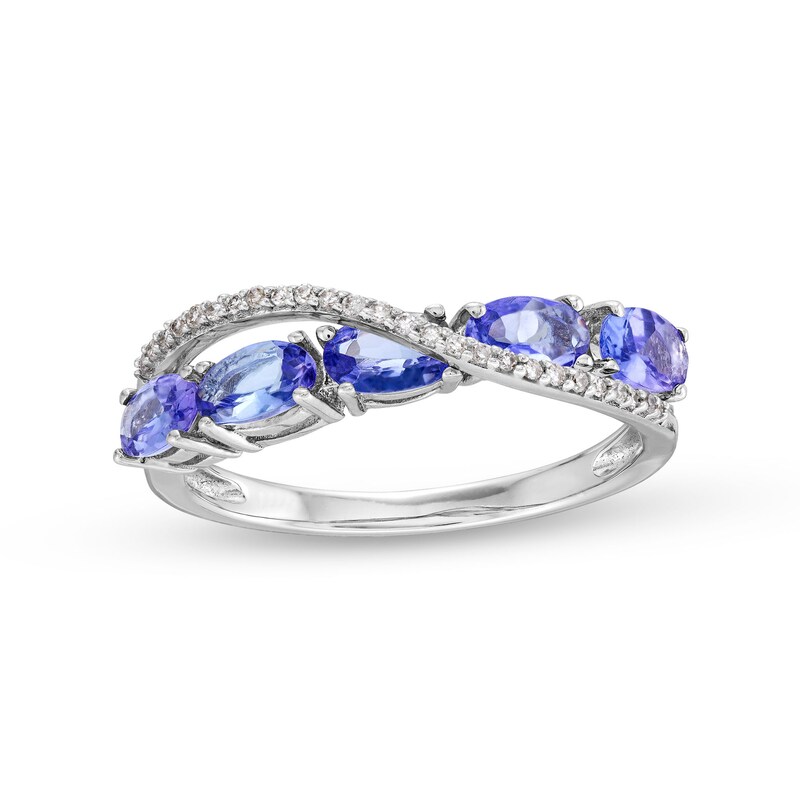 Main Image 1 of Oval Tanzanite and 1/15 CT. T.W. Diamond Five Stone Criss-Cross Ring in Sterling Silver