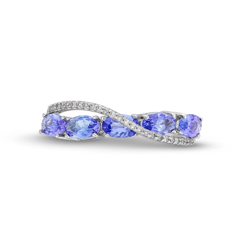 Main Image 4 of Oval Tanzanite and 1/15 CT. T.W. Diamond Five Stone Criss-Cross Ring in Sterling Silver