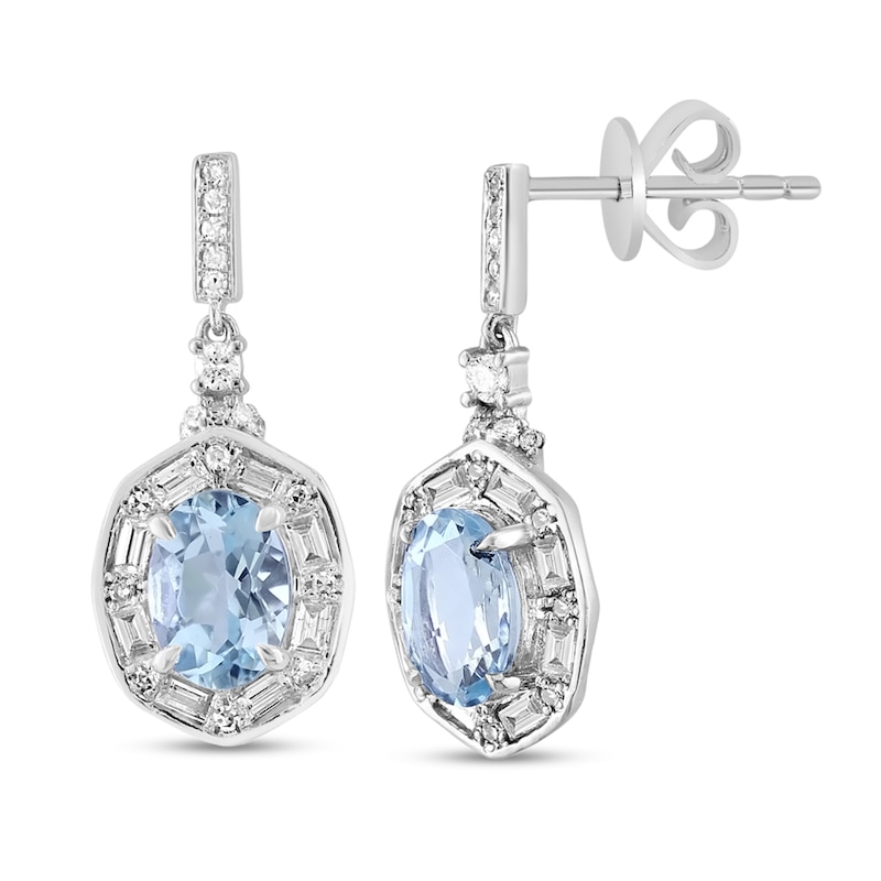 Main Image 1 of EFFY™ Collection Oval Aquamarine and 3/8 CT. T.W. Diamond Alternating Frame Drop Earrings in 14K White Gold