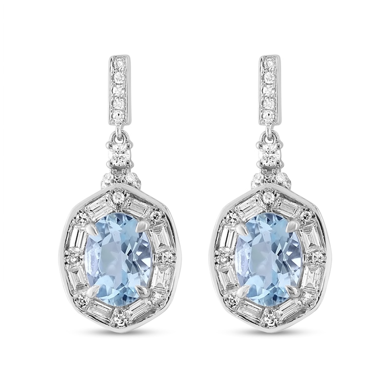 Main Image 2 of EFFY™ Collection Oval Aquamarine and 3/8 CT. T.W. Diamond Alternating Frame Drop Earrings in 14K White Gold