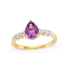 Pear-Shaped Amethyst and White Lab-Created Sapphire Trio Ring in Sterling Silver with 14K gold Plate