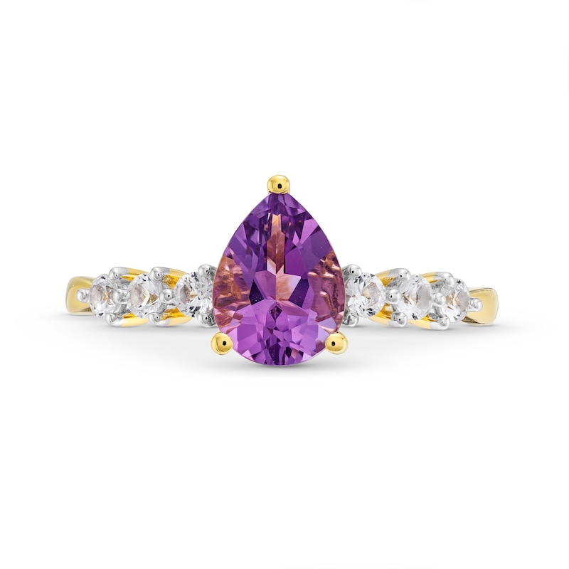 Pear-Shaped Amethyst and White Lab-Created Sapphire Trio Ring in Sterling Silver with 14K gold Plate