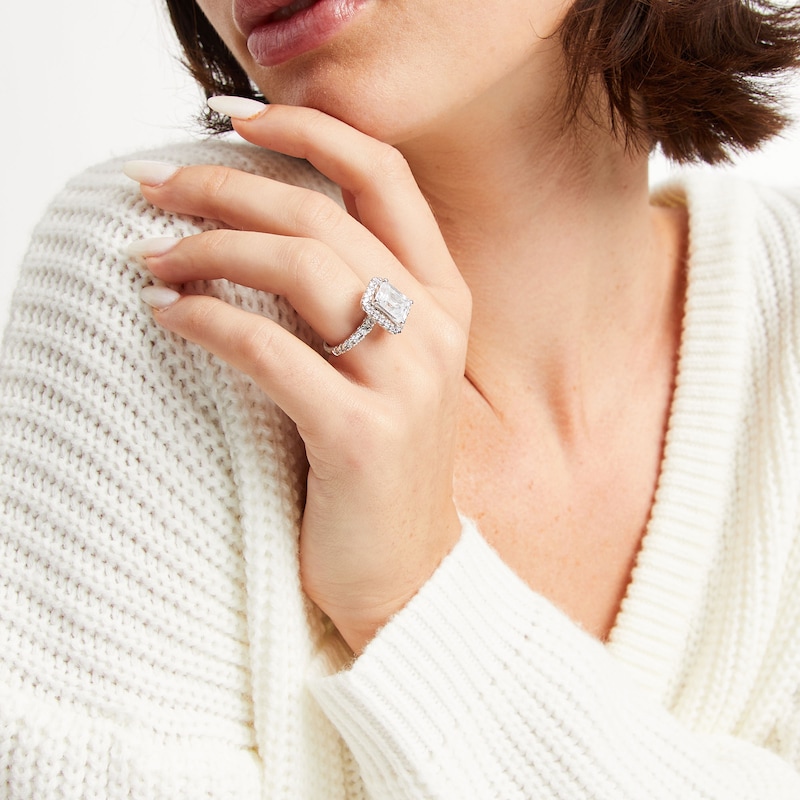 Main Image 2 of 4 CT. T.W. Emerald-Cut Certified Lab-Grown Diamond Frame Engagement Ring in 14K White Gold (F/VS2)