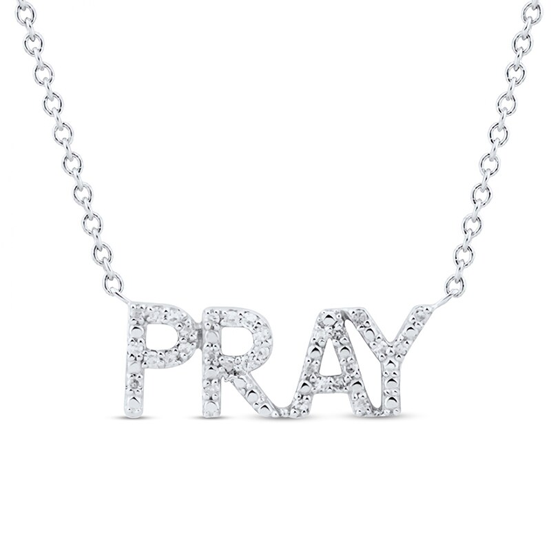 Main Image 1 of 1/10 CT. T.W. Diamond "PRAY" Necklace in Sterling Silver - 17.7"