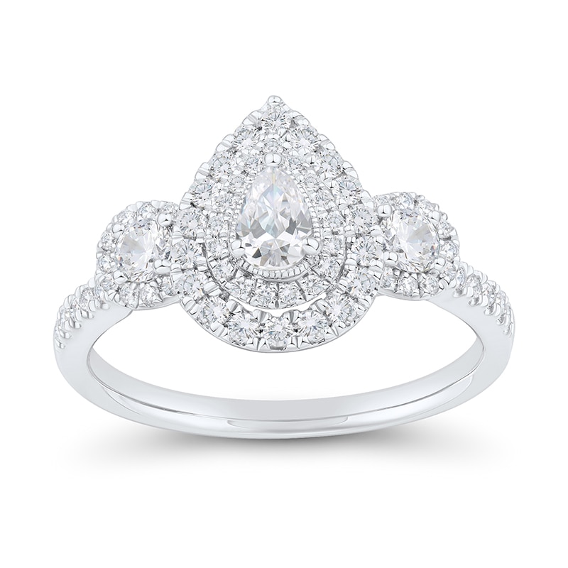 Main Image 1 of 3/4 CT. T.W. Pear-Shaped Diamond Past Present Future® Double Frame Engagement Ring in 14K White Gold