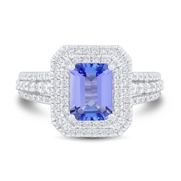 Emerald-Shaped Tanzanite and 5/8 CT. T.W. Diamond Double Frame Triple Row Engagement Ring in 14K White Gold