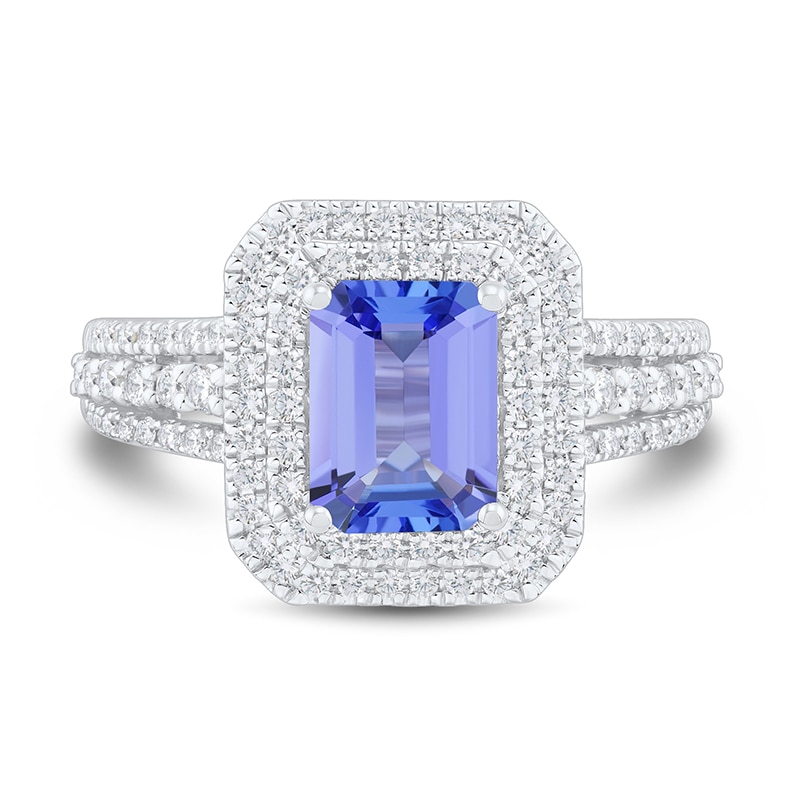 Main Image 1 of Emerald-Shaped Tanzanite and 5/8 CT. T.W. Diamond Double Frame Triple Row Engagement Ring in 14K White Gold