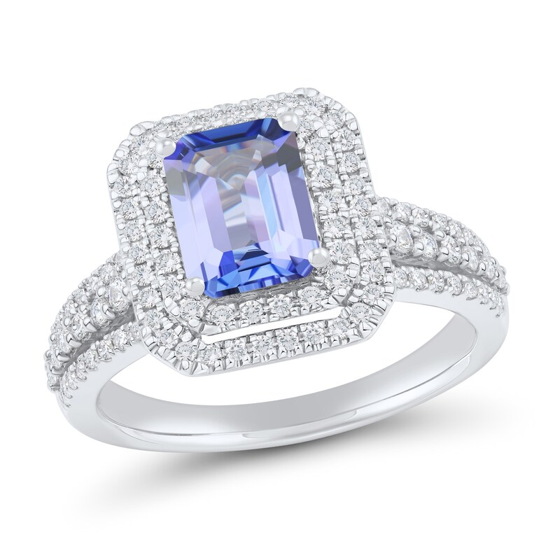 Main Image 2 of Emerald-Shaped Tanzanite and 5/8 CT. T.W. Diamond Double Frame Triple Row Engagement Ring in 14K White Gold