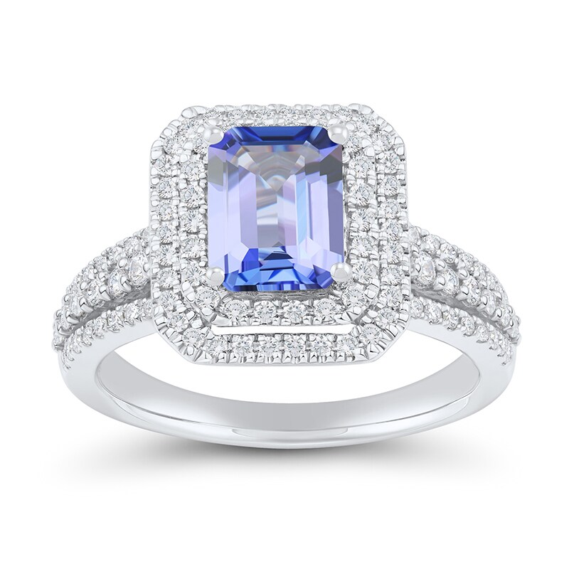 Main Image 3 of Emerald-Shaped Tanzanite and 5/8 CT. T.W. Diamond Double Frame Triple Row Engagement Ring in 14K White Gold
