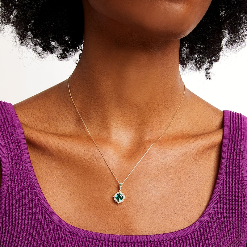 Main Image 2 of Cushion-Cut Lab-Created Emerald and 1/5 CT. T.W. Diamond Floral Drop Pendant in Sterling Silver with 14K Gold Plate