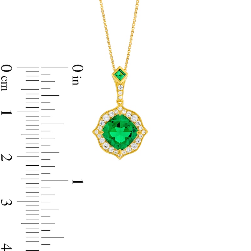 Main Image 3 of Cushion-Cut Lab-Created Emerald and 1/5 CT. T.W. Diamond Floral Drop Pendant in Sterling Silver with 14K Gold Plate