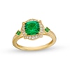Thumbnail Image 1 of Cushion-Cut Lab-Created Emerald and 1/5 CT. T.W. Diamond Floral Frame Ring in Sterling Silver with 14K Gold Plate