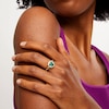 Thumbnail Image 2 of Cushion-Cut Lab-Created Emerald and 1/5 CT. T.W. Diamond Floral Frame Ring in Sterling Silver with 14K Gold Plate