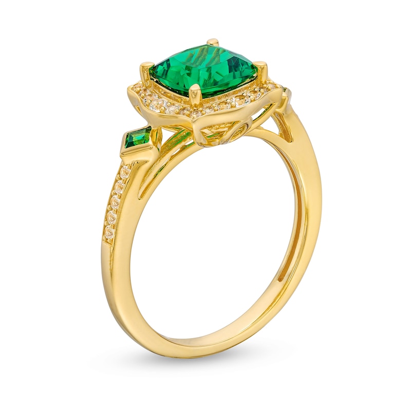 Main Image 3 of Cushion-Cut Lab-Created Emerald and 1/5 CT. T.W. Diamond Floral Frame Ring in Sterling Silver with 14K Gold Plate