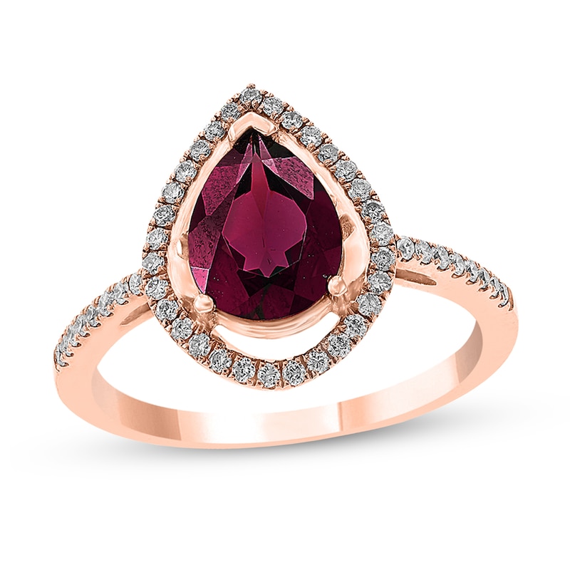 EFFY™ Collection Pear-Shaped Rhodolite Garnet and 1/4 CT. T.W. Diamond Open Frame Ring in 14K Rose Gold