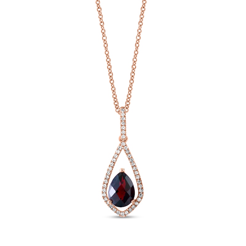 Main Image 1 of EFFY™ Collection Pear-Shaped Rhodolite Garnet and 1/4 CT. T.W. Diamond Open Frame Pendant in 14K Rose Gold