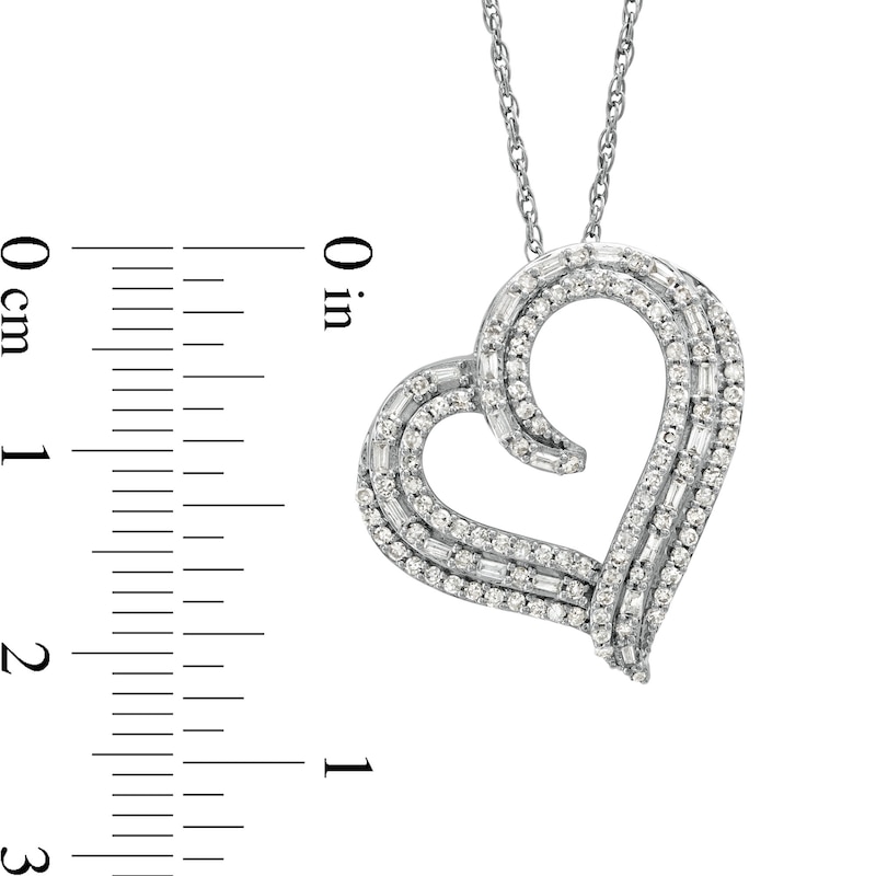 Main Image 3 of 1/2 CT. T.W. Baguette and Round Diamond Triple Row Tilted Heart Pendant in 10K White Gold