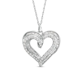1 CT. T.W. Baguette and Round Diamond Triple Row Loop Heart Pendant in 10K White Gold