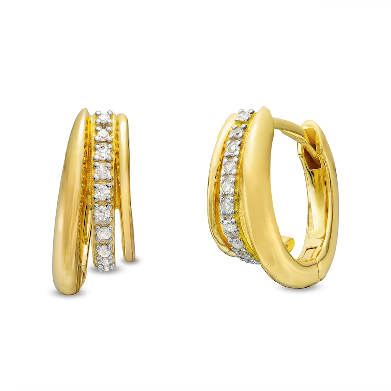 Main Image 1 of 1/15 CT. T.W. Diamond Triple Row Huggie Hoop Earrings in Sterling Silver with 18K Gold Plate
