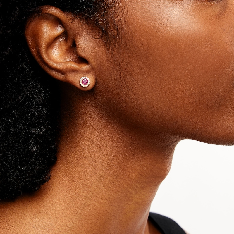 Main Image 2 of Certified Ruby and 1/10 CT. T.W. Diamond Frame Stud Earrings in 10K Gold