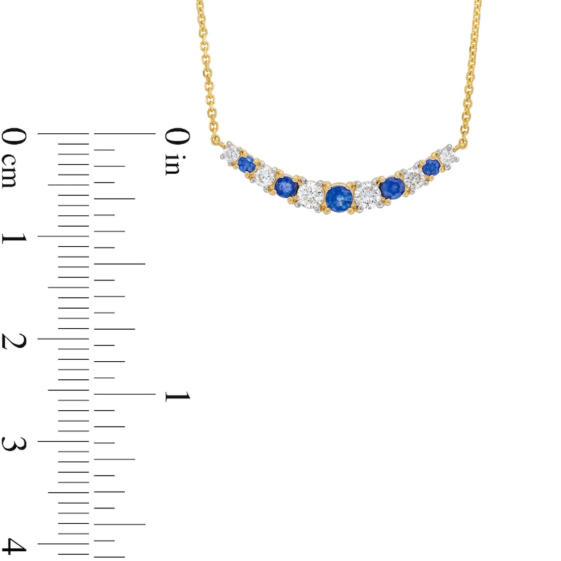 Main Image 4 of Blue Sapphire and 1/4 CT. T.W. Diamond Alternating Curved Bar Necklace in 10K Gold