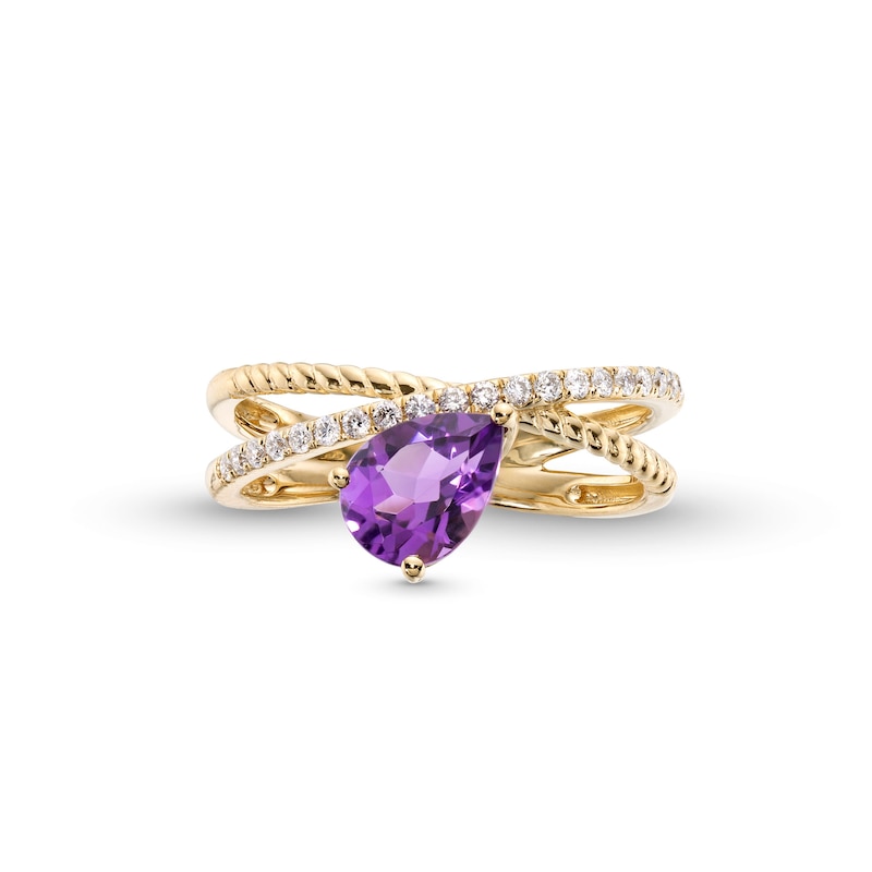 Main Image 4 of Pear-Shaped Amethyst and 1/5 CT. T.W. Diamond Orbit Ring in 10K Gold