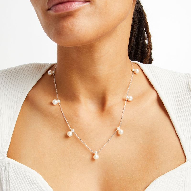 Main Image 2 of 4.0-7.5mm Freshwater Cultured Pearl Station Necklace in 14K  Gold