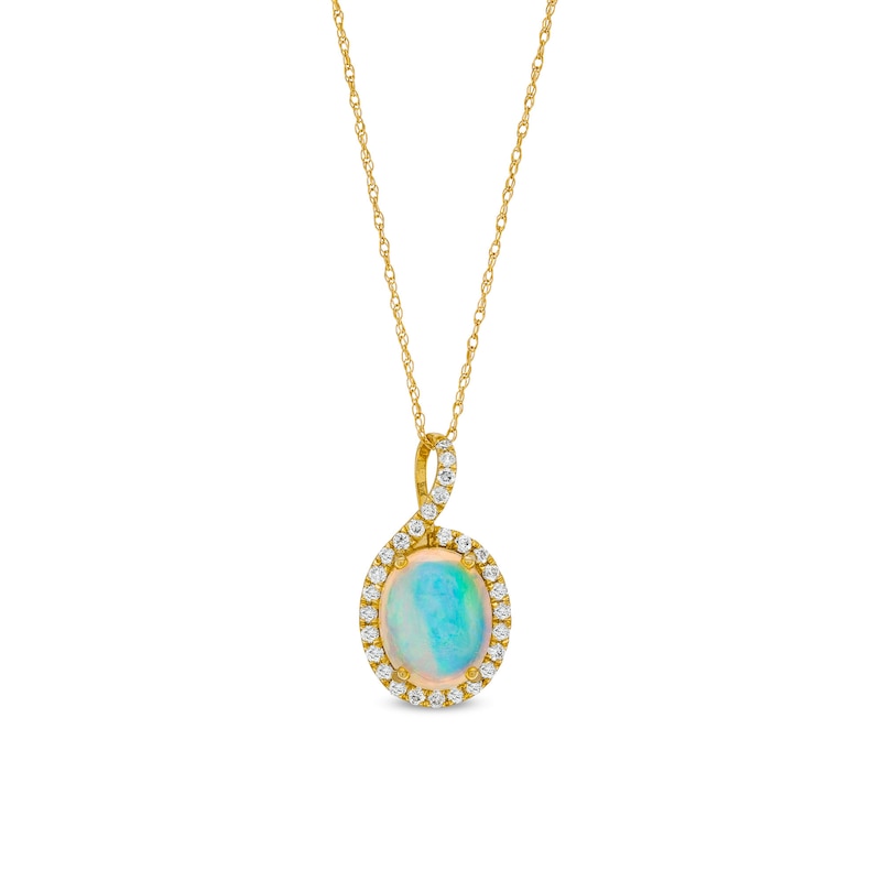 Main Image 1 of Oval Opal and 1/5 CT. T.W. Diamond Loop Frame Pendant in 10K Gold