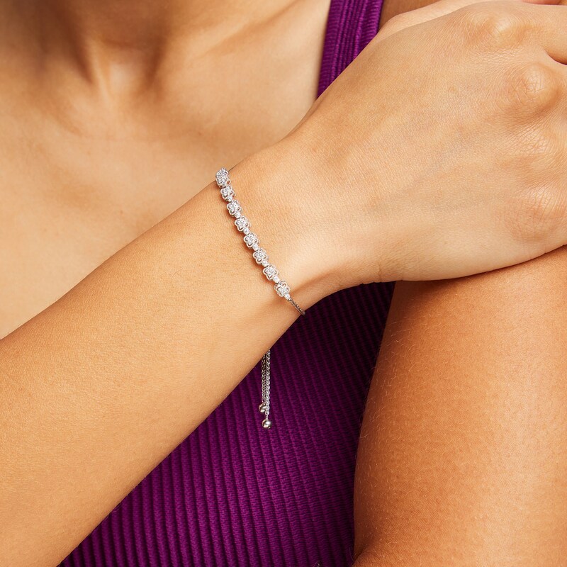 Main Image 2 of 1/3 CT. T.W. Diamond Alternating Clover Bolo Bracelet in Sterling Silver - 9"