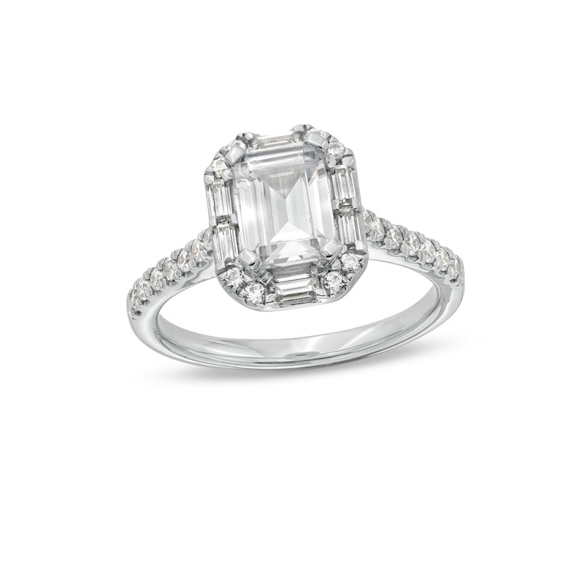 Main Image 1 of 2 CT. T.W. Certified Emerald-Cut Lab-Grown Diamond Frame Engagement Ring in 14K White Gold (F/VS2)
