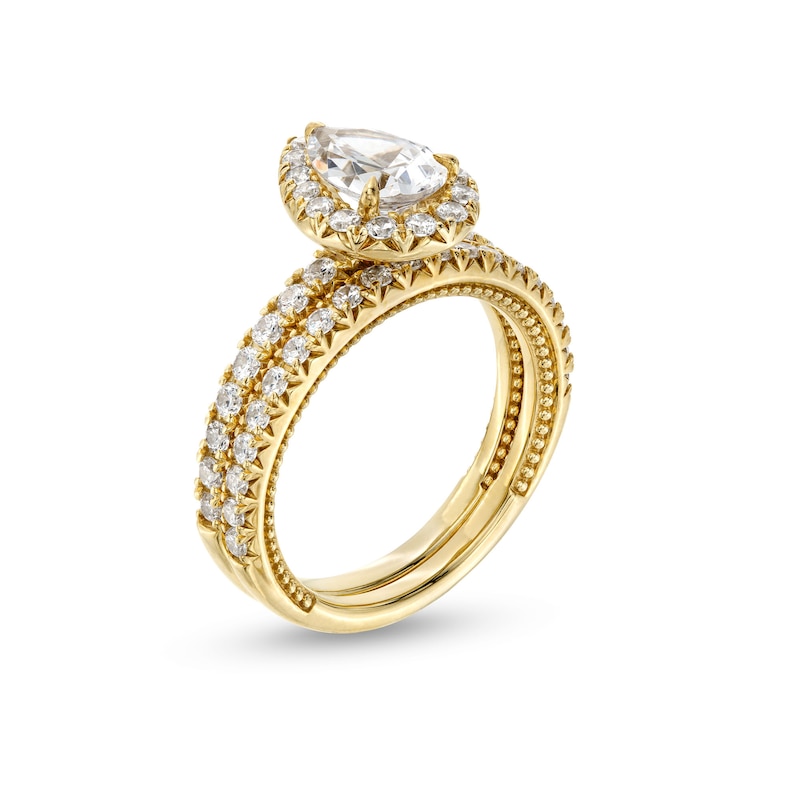 Main Image 3 of 2 CT. T.W. Certified Pear-Shaped Lab-Grown Diamond Frame Bridal Set in 14K Gold (F/VS2)