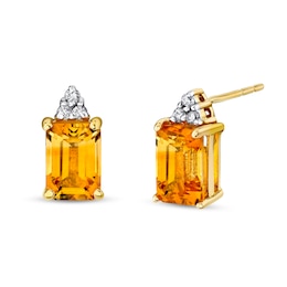 Emerald-Cut Citrine and 1/20 CT. T.W. Diamond Tri-Top Stud Earrings in 14K Gold