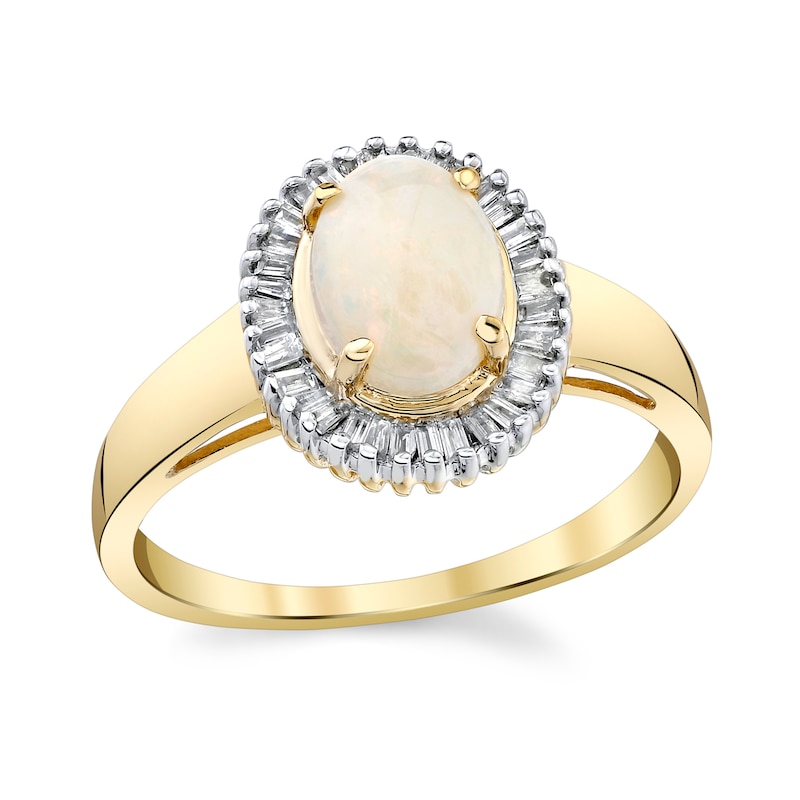 Oval Opal and 1/8 CT. T.W. Baguette-Cut Diamond Frame Ring in 14K Gold