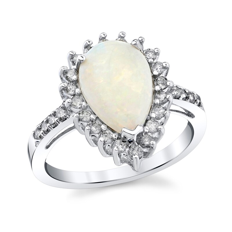 Main Image 1 of Pear-Shaped Opal and 3/8 CT. T.W. Diamond Sunburst Frame Ring in 14K White Gold