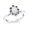 Thumbnail Image 0 of Oval Opal, Blue Sapphire and 1/20 CT. T.W. Diamond Sunburst Frame Ring in 14K White Gold