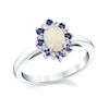 Thumbnail Image 1 of Oval Opal, Blue Sapphire and 1/20 CT. T.W. Diamond Sunburst Frame Ring in 14K White Gold
