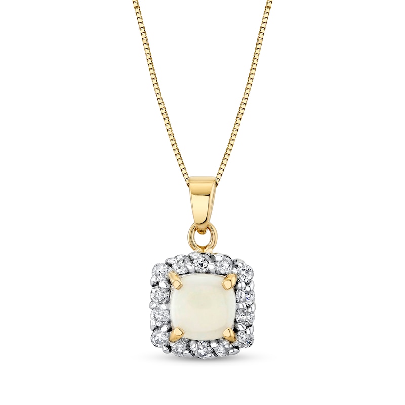 Main Image 1 of 6.0mm Cushion-Shaped Opal and 1/4 CT. T.W. Diamond Frame Pendant in 14K Gold