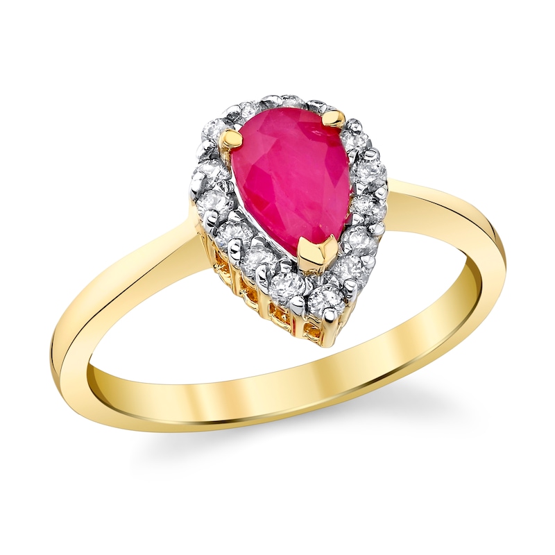 Main Image 1 of Pear-Shaped Ruby and 1/5 CT. T.W. Diamond Frame Ring in 14K Gold